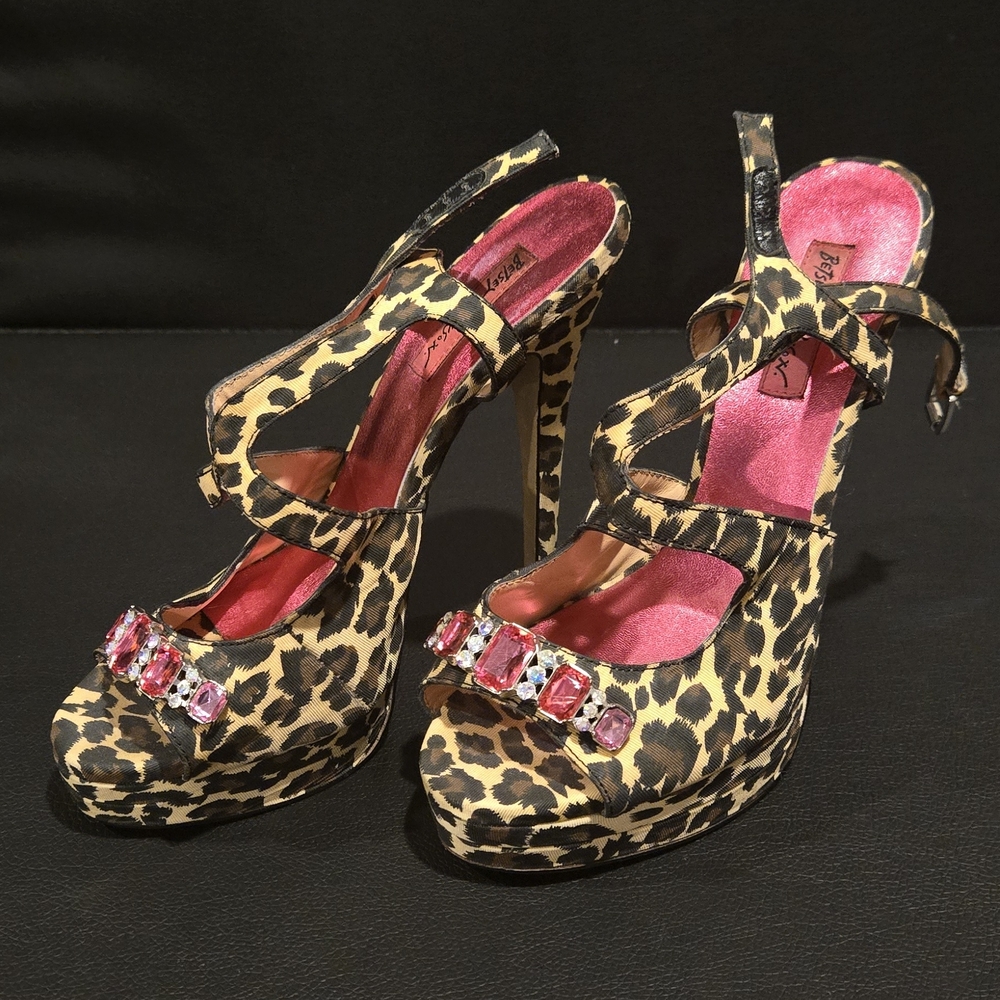 Betsey Johnson Leopard Print High Heels with Pink Accents And 6 Inch Heel - Picture 3 of 7